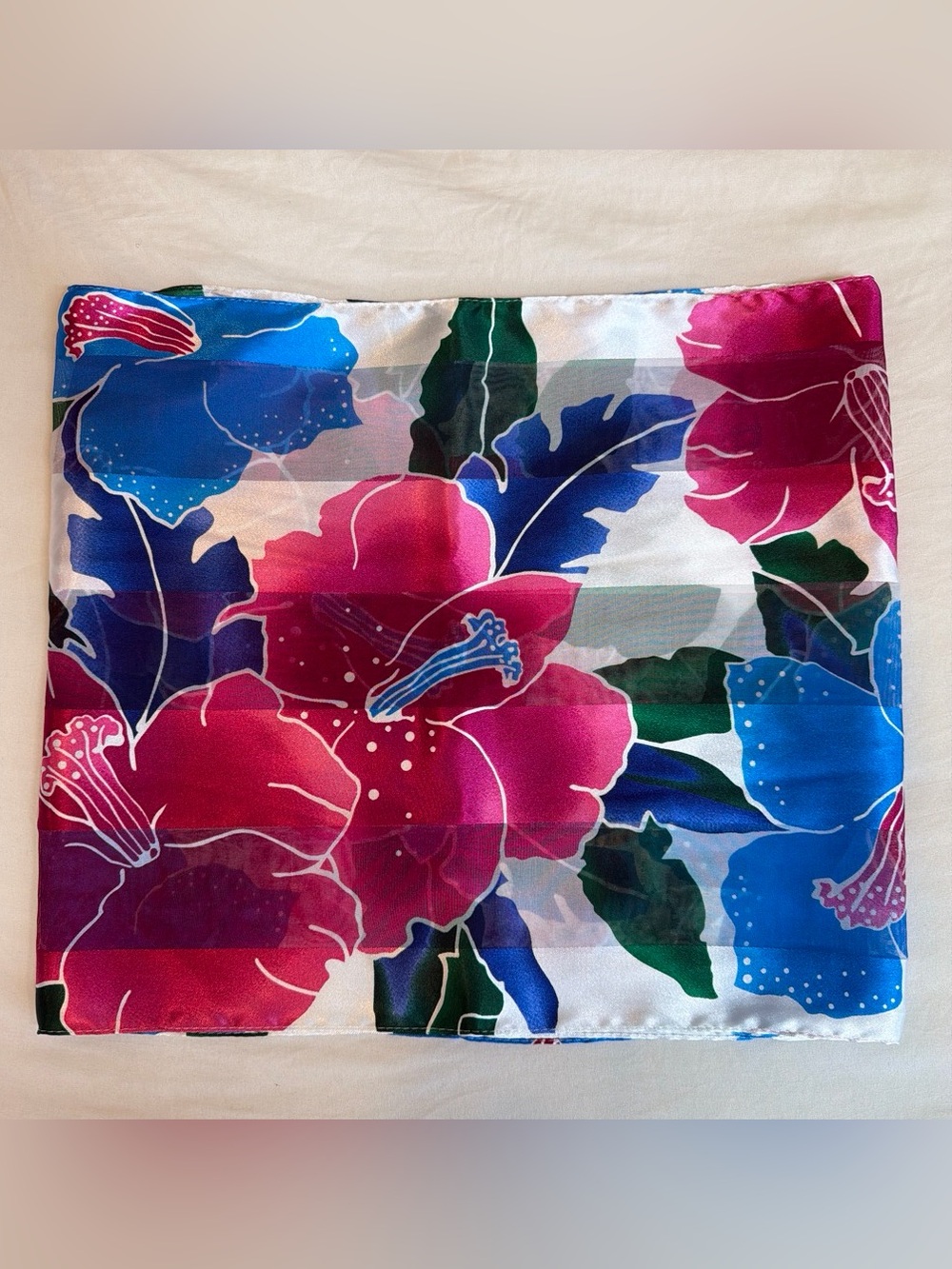 Vibrant Floral Satin Scarf in Fuchsia and Blue